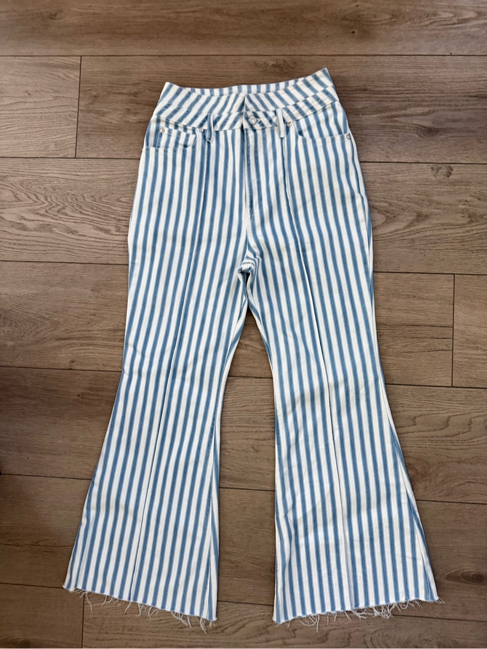 Avec Les Filles Blue and White Striped Flare Jeans